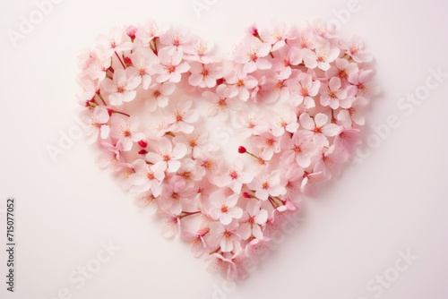 heart shape laid out from pink sakura flowers on a white background. postcard for Valentine's Day or March 8