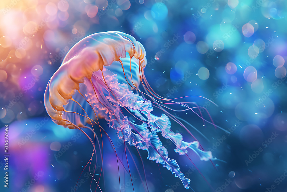Jellyfish Underwater Ocean Scene, Vibrant Blue Bokeh Background, Close-Up, Marine Life, Nature Photography, Colorful Aquatic Creature Jellyfish Underwater Ocean Scene, Vibrant Blue Bokeh Background, Close-Up, Marine Life, Nature Photography, Colorful Aquatic Creature
