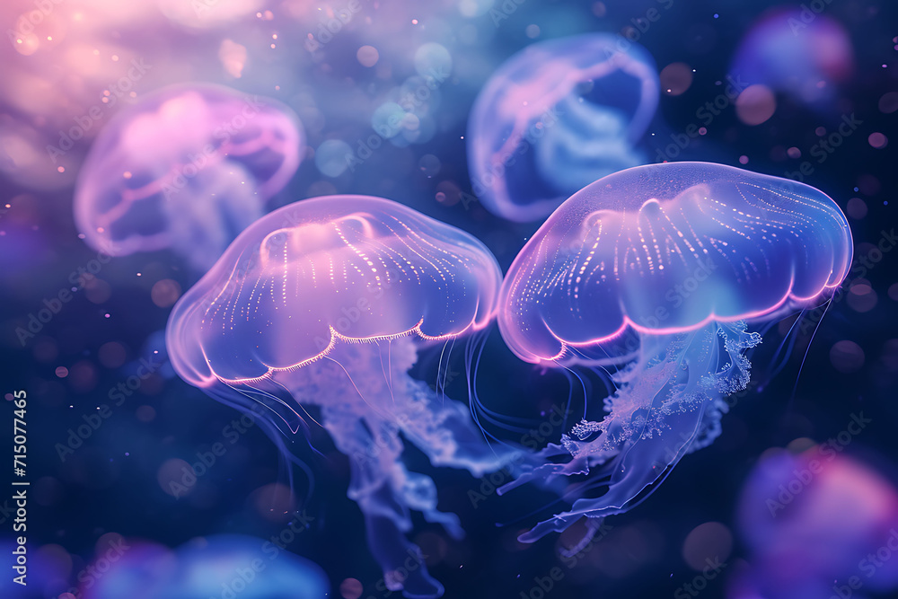 Glowing jellyfish floating in a mystical underwater scene. Marine life and oceanography concept. Ethereal aquatic life photography for design and print Glowing jellyfish floating in a mystical underwater scene. Marine life and oceanography concept. Ethereal aquatic life photography for design and print