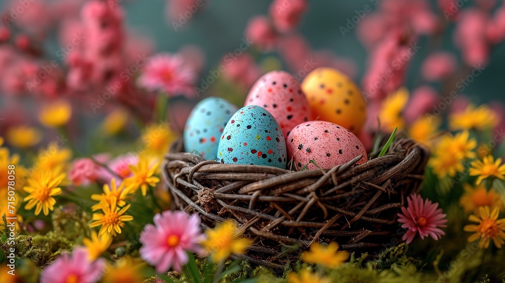Basket of easter eggs on green grass at sunny day Basket of easter eggs on green grass at sunny day