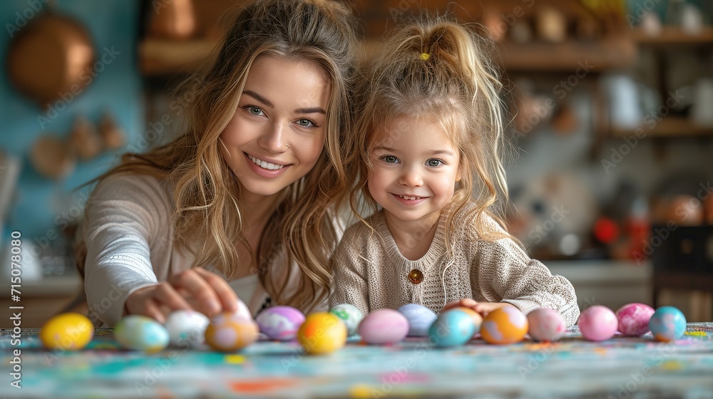 Mother and her daughter painting eggs. Happy family preparing for Easter Mother and her daughter painting eggs. Happy family preparing for Easter