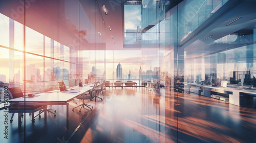 Blur focus of creative modern open space office interior  can be used as background. wide panorama .