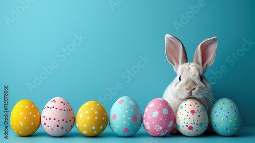 Little Bunny With Decorated Eggs on a blue background - Easter Card