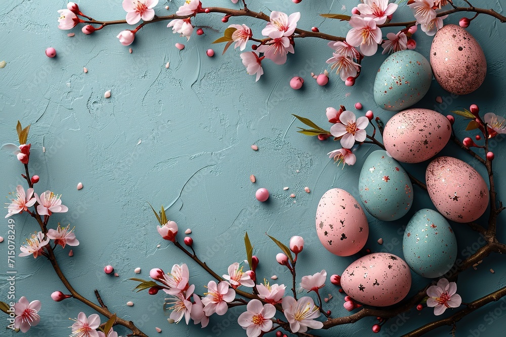 Happy Easter! Colorful Easter chocolate eggs with cherry blossoms flat lay on blue background Happy Easter! Colorful Easter chocolate eggs with cherry blossoms flat lay on blue background