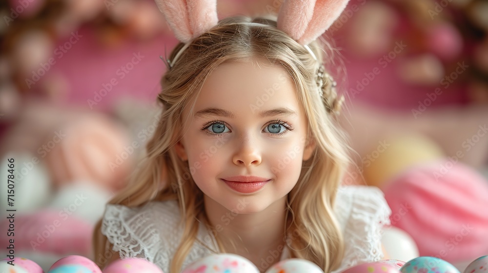 Cute little child wearing bunny ears on Easter day. Girl holding basket with painted eggs Cute little child wearing bunny ears on Easter day. Girl holding basket with painted eggs