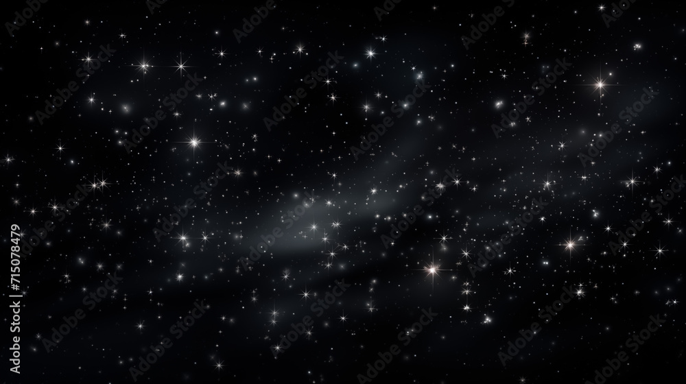 Particules et étoiles scintillantes et brillantes volant sur fond sombre, noir. Lumière, étoile, paillette dorée et flou. Cosmos, univers, espace. Fond pour bannière, conception et création graphique.