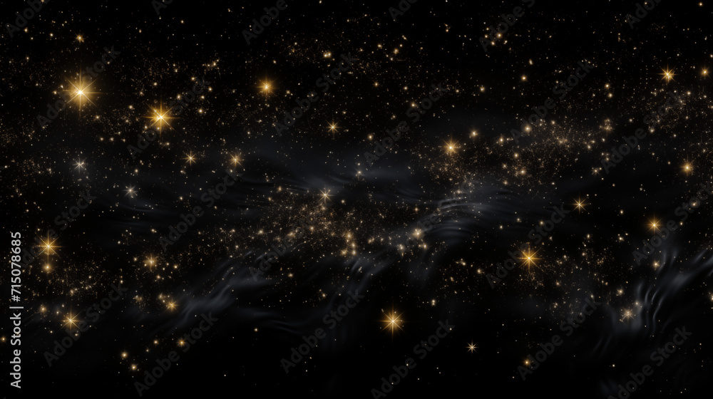 Fototapeta premium Particules et étoiles scintillantes et brillantes volant sur fond sombre, noir. Lumière, étoile, paillette dorée et flou. Cosmos, univers, espace. Fond pour bannière, conception et création graphique.