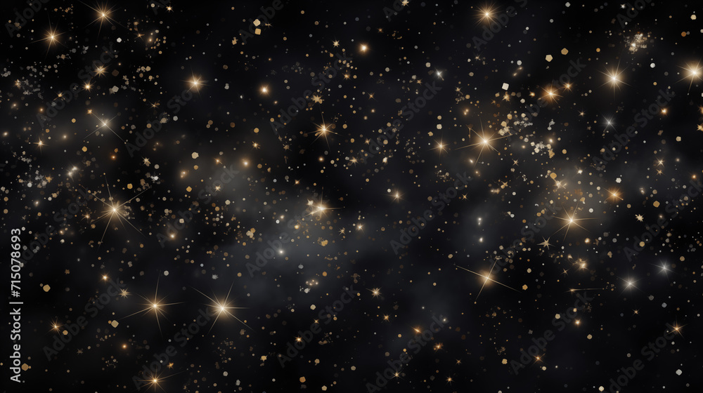 Fototapeta premium Particules et étoiles scintillantes et brillantes volant sur fond sombre, noir. Lumière, étoile, paillette dorée et flou. Cosmos, univers, espace. Fond pour bannière, conception et création graphique.
