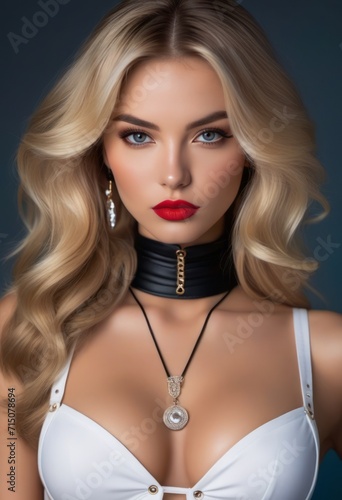 A close-up of a blonde model with red lipstick  wearing a black choker.