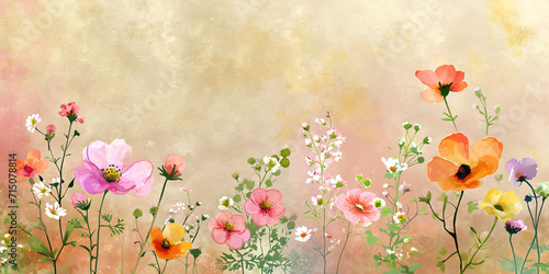 Digital painting of wildflowers on a vintage background. Design for wallpaper, greeting card, poster. Whimsical nature scene with copy space 