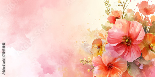 Watercolor floral arrangement with coral poppies on a textured pink background. Design for wallpaper, greeting card, wedding invitation. Artistic botanical template with copy space 