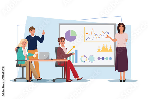 Woman at the white board giving a presentation of business growth, datas, market research and analysis. Vector business illustration.