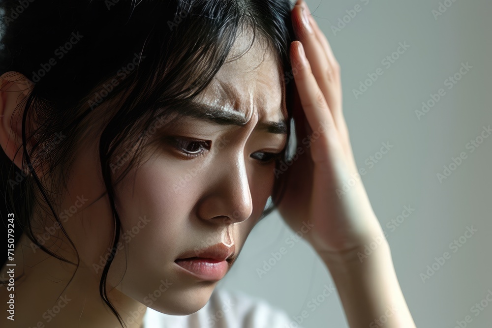 Portrait of an Asian businesswoman holding her head. Concept of nervous stress, headache. dissociation. Portrait of an Asian businesswoman holding her head. Concept of nervous stress, headache. dissociation.