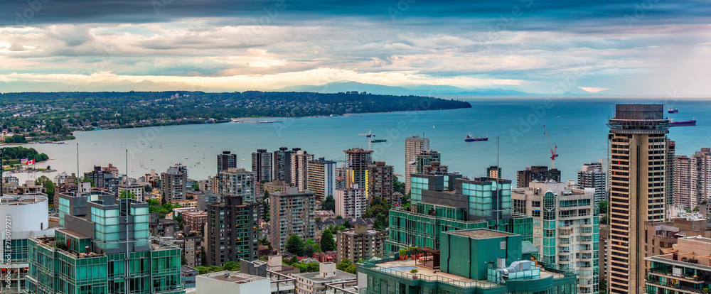 Downtown Vancouver City at cloudy sunset. Aerial Panorama