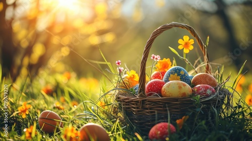 Colorful easter eggs in a wicker basket on green grass on a sunny day. sun rays. easter background. photo