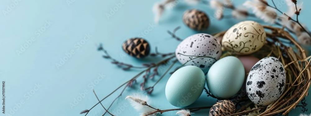 Fototapeta premium Easter colored eggs in nest on wooden background with spring flowers. easter background. easter background.