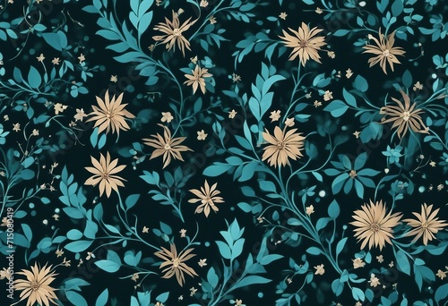 Abstract Floral Pattern in Teal on Black Background Gold Flowers and Blue Leaves on Black Background