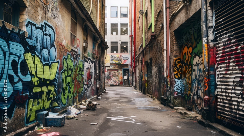 Naklejka premium Vibrant Graffiti Adorns Narrow Urban Alleyway With Character