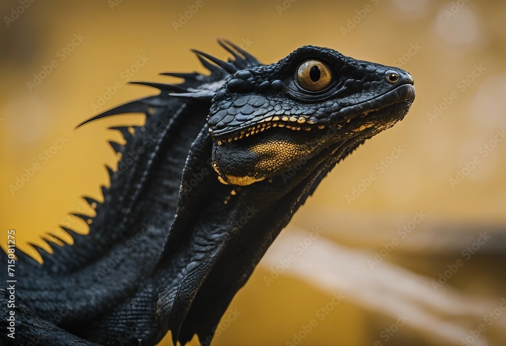 Fototapeta premium Black basilisk iguana lizard reptile head isolated on yellow background