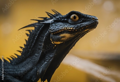 Black basilisk iguana lizard reptile head isolated on yellow background