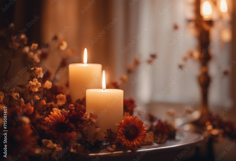Two candles burning amongst autumnal floral hues Two candles burning amongst autumnal floral hues