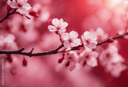 Cherry Blossom Branches Closeup on a Gradient Red Background