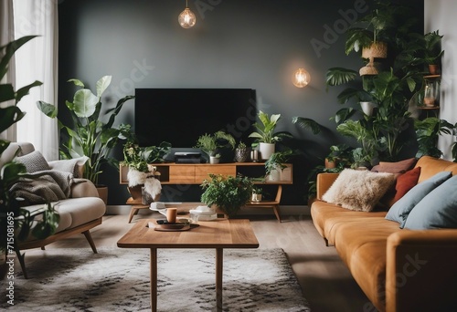 Cozy Living Room with Plants and Colorful Accents 