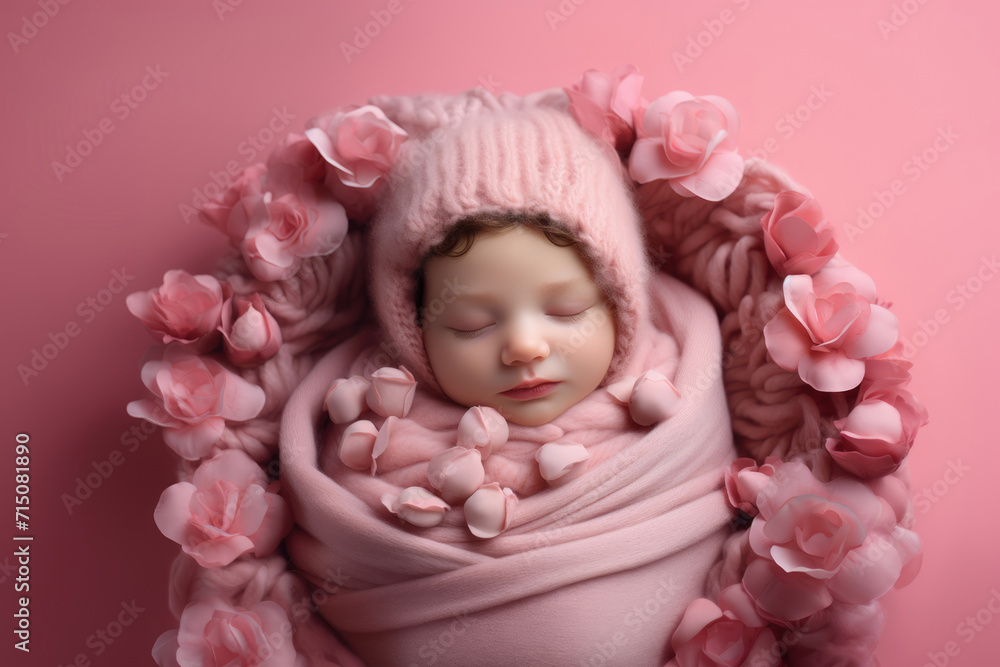 Sleeping newborn baby on pink background