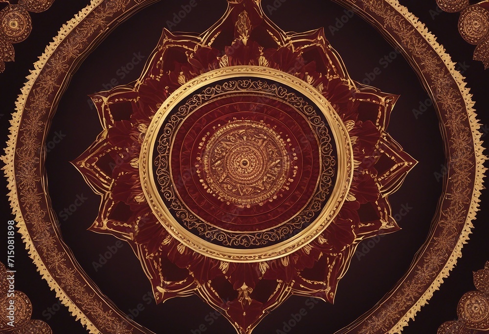 Dark Red and Gold Mandala with Symmetrical Designs on Black Background