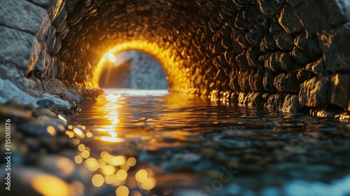 A harmonious blend of cool and warm LED lights under the water, creating a balanced and soothing illumination of the stone bridge photo