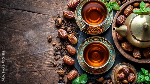 Dates fruit and mint tea on a wooden background. Top view. © shameem