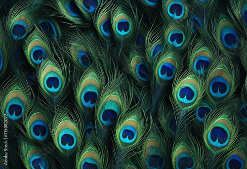 Blue and Green Peacock Feathers on Dark Blue Background © FrameFinesse
