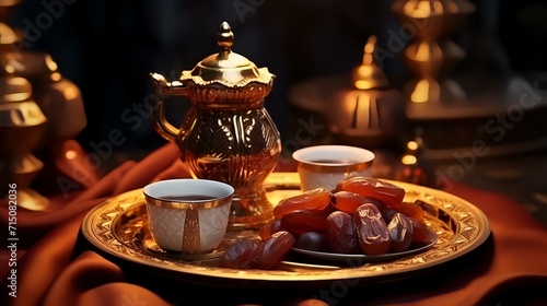 Arabic tea set with dates and a coffee cup on the table.
