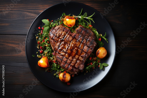 grilled beef steak in the shape of a heart for Valentine's day on a plate