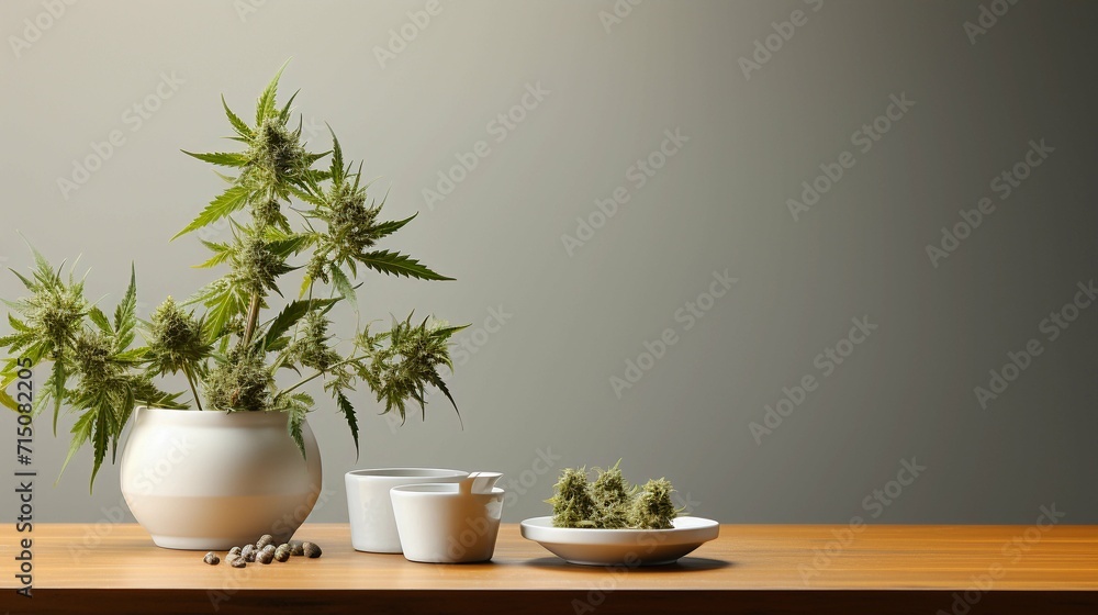 Cannabis Plant With Some Nugs On A Wooden Table With Copy Space On A White Background. Cannabis For Therapeutic And Medicinal Consumption. 420 Cannabis Plant With Some Nugs On A Wooden Table With Copy Space On A White Background. Cannabis For Therapeutic And Medicinal Consumption. 420