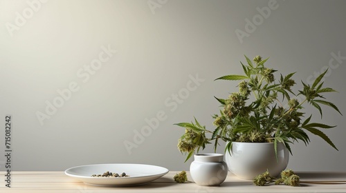 Cannabis Plant With Some Nugs On A Wooden Table With Copy Space On A White Background. Cannabis For Therapeutic And Medicinal Consumption. 420
