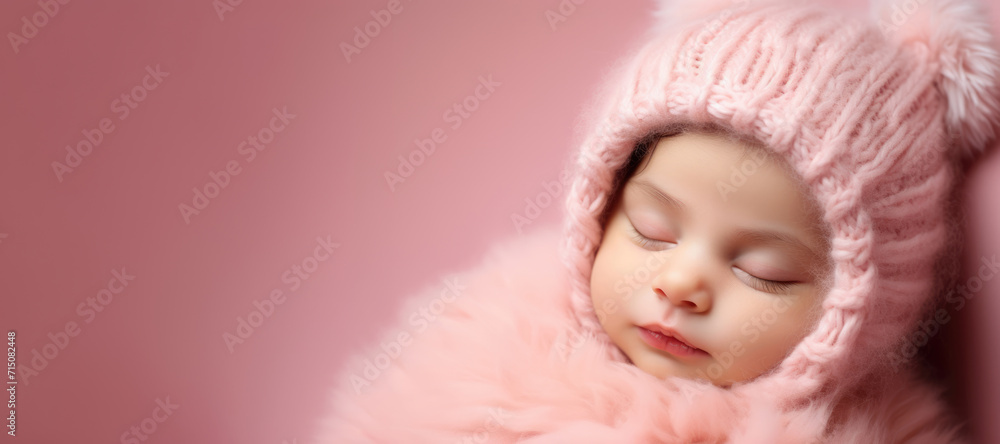 Sleeping newborn baby on pink background. Copy space for text