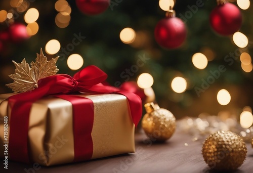 Festive Christmas Gift Wrapping with Red Ribbon and Gold Paper Under a Christmas Tree © FrameFinesse