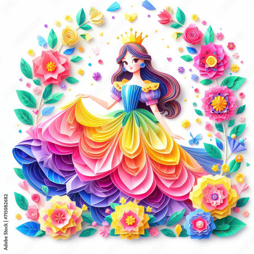 Discover enchantment as a colorful Kirigami princess reigns amidst a vibrant floral background. Isolated in white, this image captures the essence of a whimsical fairy tale