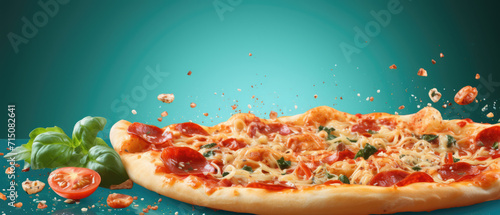 Pizza on a blue background with flying ingredients. Horizontal banner