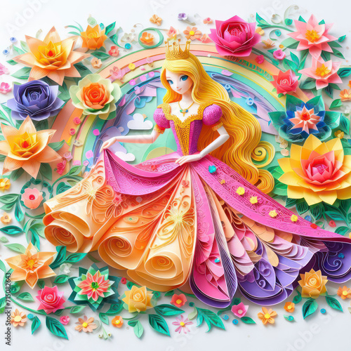 Discover enchantment as a colorful Kirigami princess reigns amidst a vibrant floral background. Isolated in white  this image captures the essence of a whimsical fairy tale