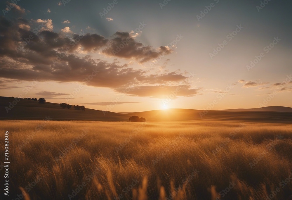 Golden Sunset Over Serene Prairie Landscape in Evening Golden Sunset Over Serene Prairie Landscape in Evening