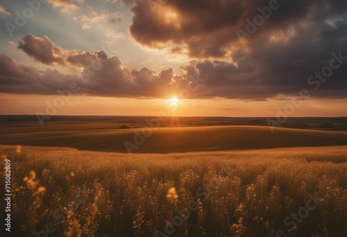 Golden Sunset with Clouds Over Serene Prairie Landscape