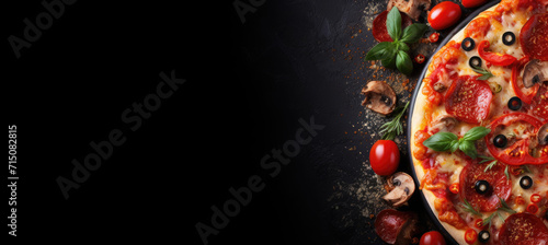 Pizza with cheese, tomatoes and mushrooms on a black table flat lay