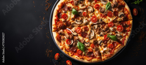 Pizza with cheese, tomatoes and mushrooms on a black table flat lay