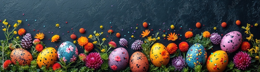 Beautiful postcard with easter decoration and painted colorful easter eggs. Banner - obrazy, fototapety, plakaty 