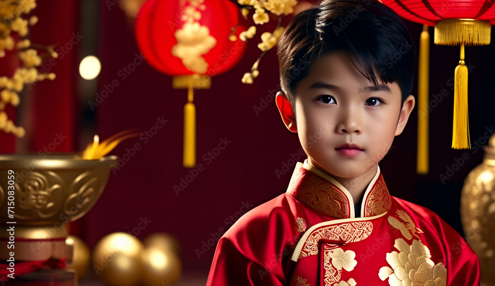 portrait asian boy wearing a cheongsam, chinese new year's eve, asian boy in traditional suit, chinese new year background