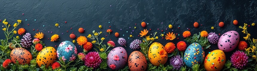 Beautiful postcard with easter decoration and painted colorful easter eggs. Banner