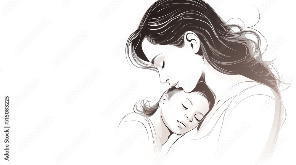 simple one line art, mother looking down adoringly at a new baby, white background, copy space, 16:9