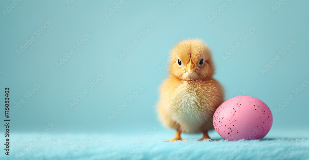 Small fluffy yellow cute baby chick standing by a pink easter egg on blue pastel background with copyspace Small fluffy yellow cute baby chick standing by a pink easter egg on blue pastel background with copyspace